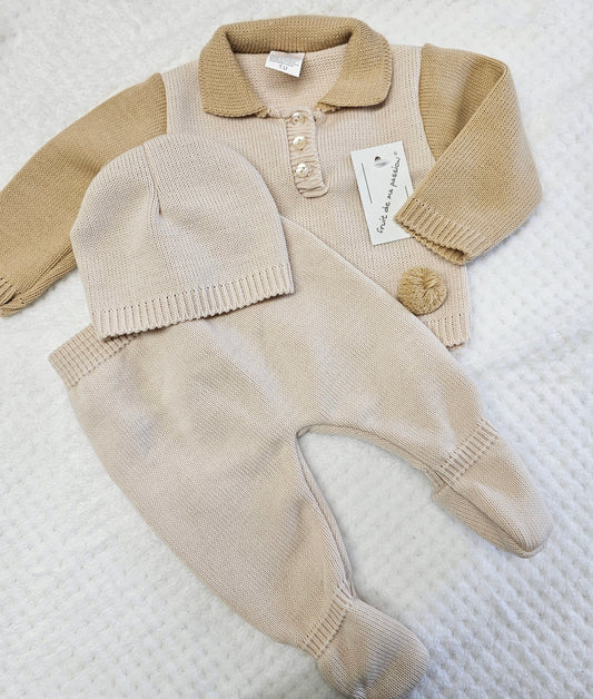 Baby Boys 3 Piece Beige Set With Gift Box