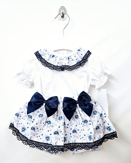 Baby Girls Portuguese Navy Shirt & Skort Set With Bow & Lace Detailing (0-36Months)