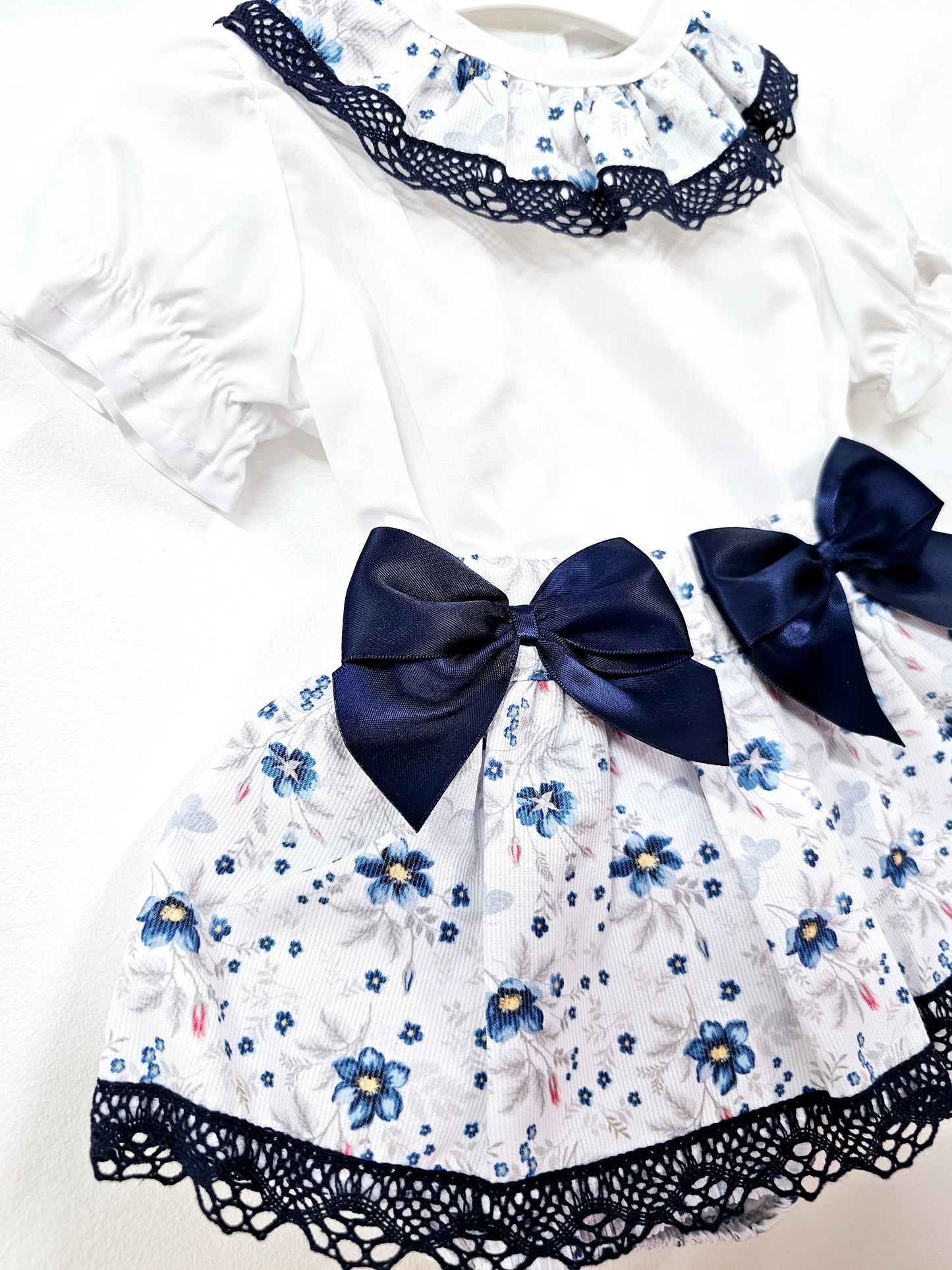 Baby Girls Portuguese Navy Shirt & Skort Set With Bow & Lace Detailing (0-36Months)