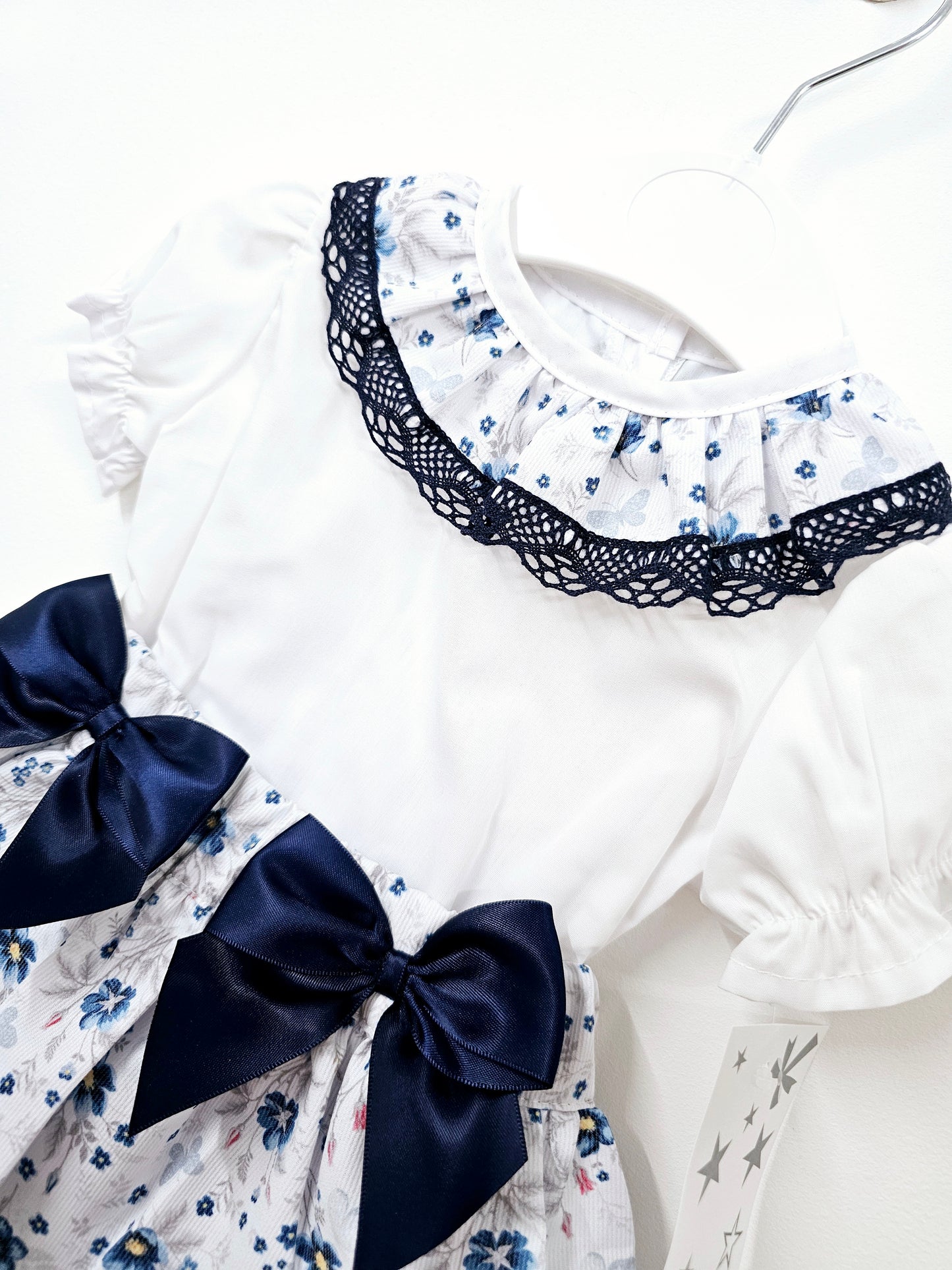 Baby Girls Portuguese Navy Shirt & Skort Set With Bow & Lace Detailing (0-36Months)