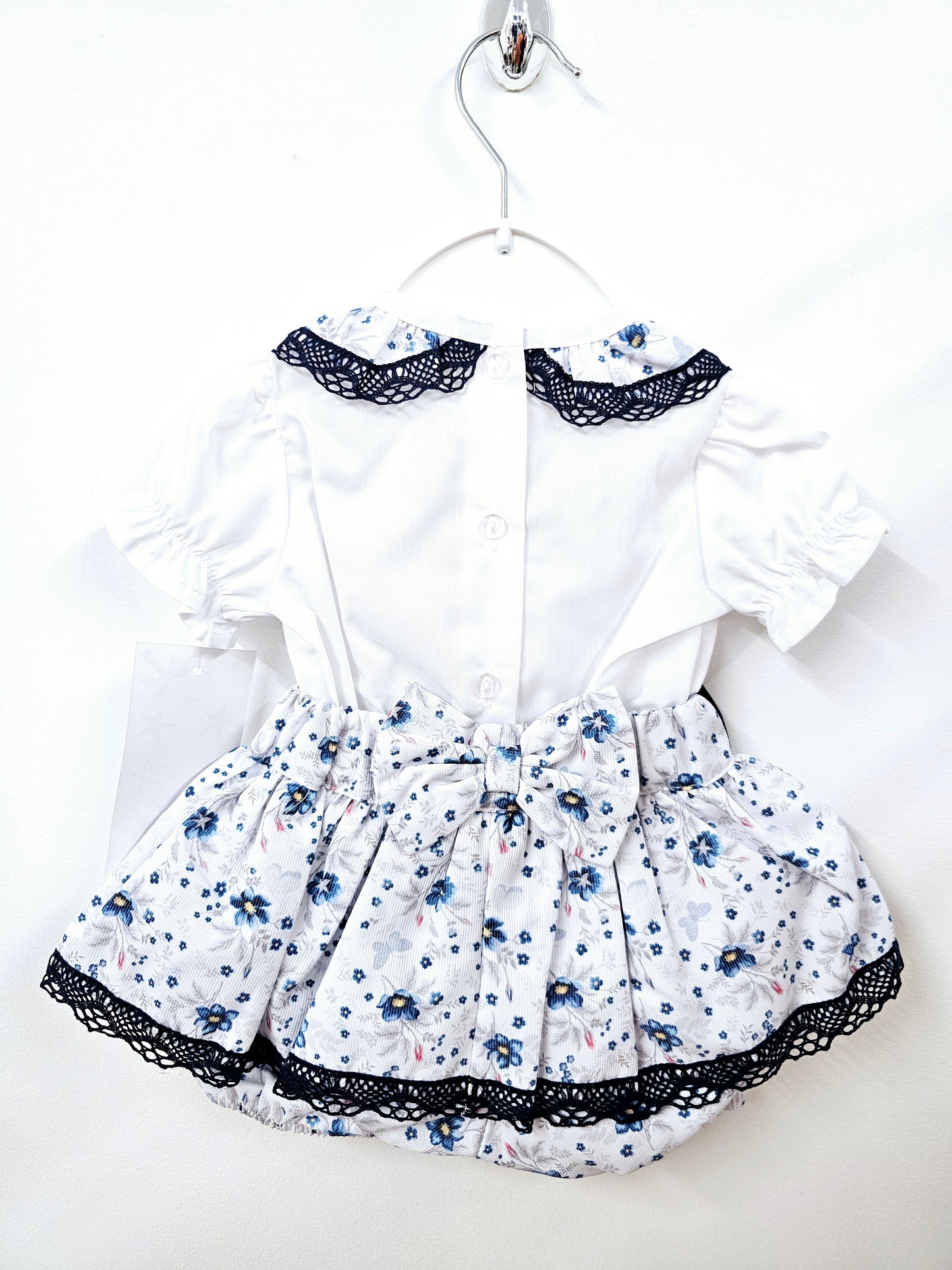 Baby Girls Portuguese Navy Shirt & Skort Set With Bow & Lace Detailing (0-36Months)