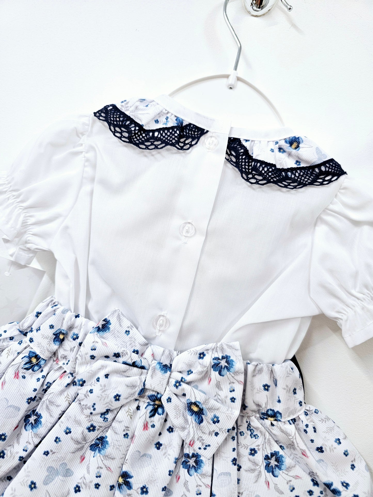 Baby Girls Portuguese Navy Shirt & Skort Set With Bow & Lace Detailing (0-36Months)