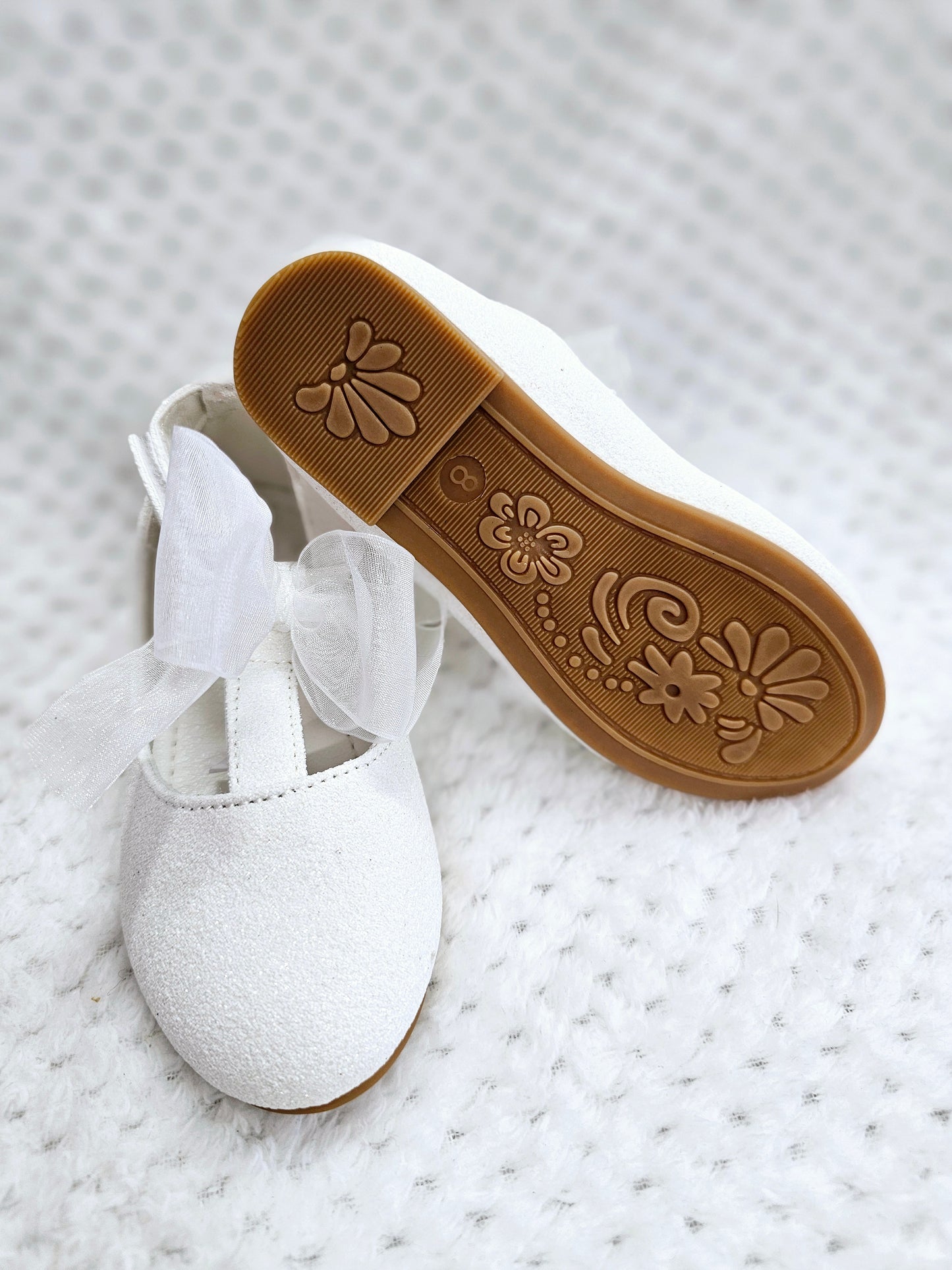 Kids White Glitter Bow Shoes (8-2)