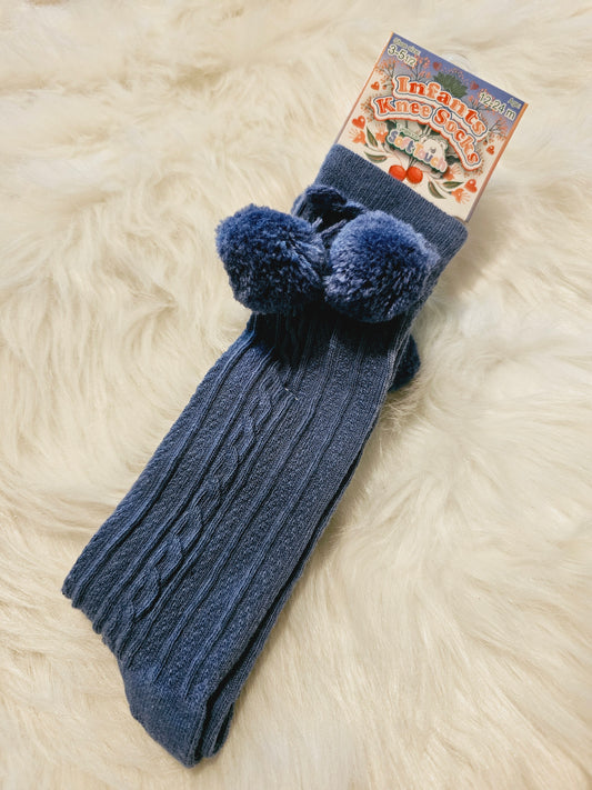 Petrol Blue Knee High Pom Pom Socks