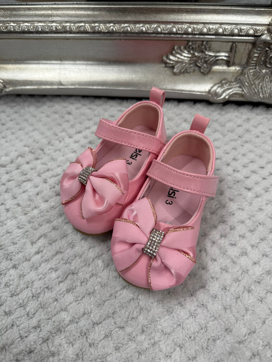 Baby Girls Pink Bow - Gold detailed shoes
