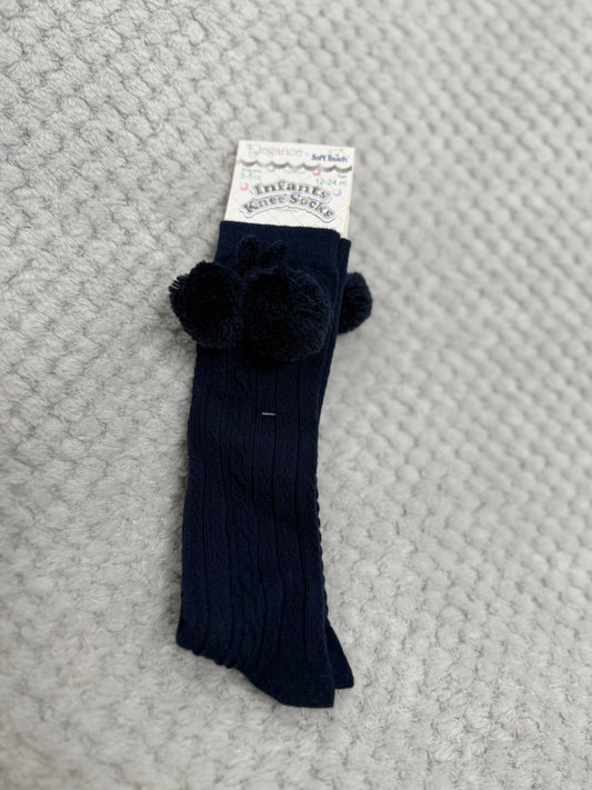 Navy High Knee PomPom socks