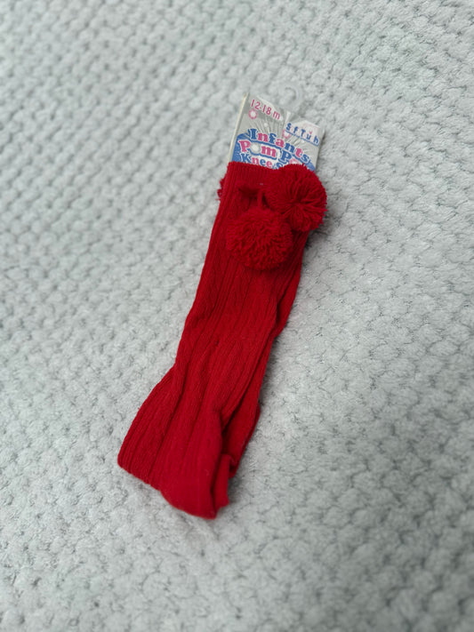 Red PomPom Knee High Socks