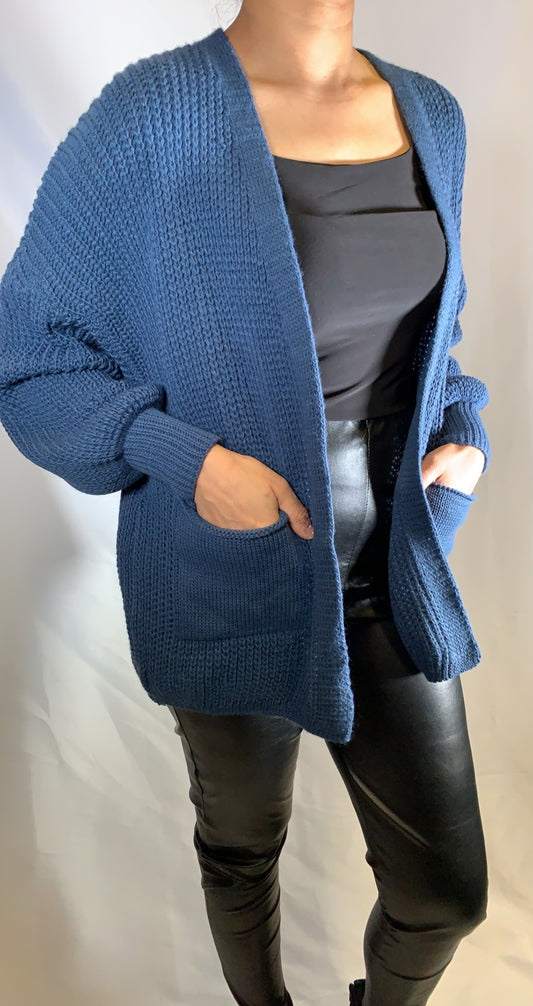 Blue Knitted Short Balloon Sleeve Cardigan ( one size )