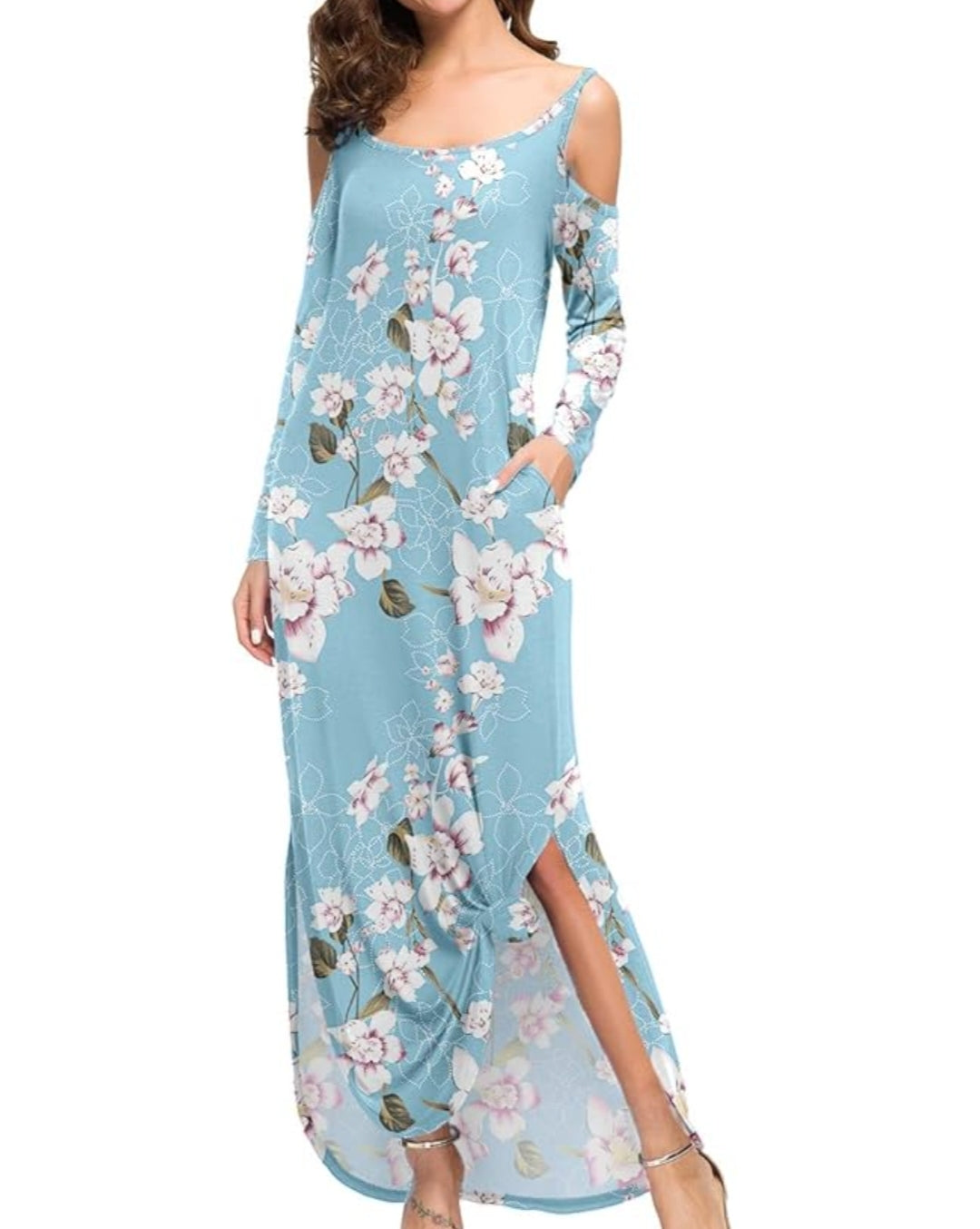 Cold Shoulder Long Sleeve Blue Floral Dress With Pockets (10-14)