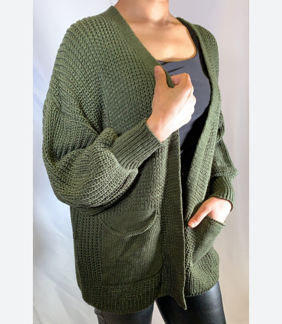 Khaki Knitted Short Balloon Sleeve Cardigan ( one size )