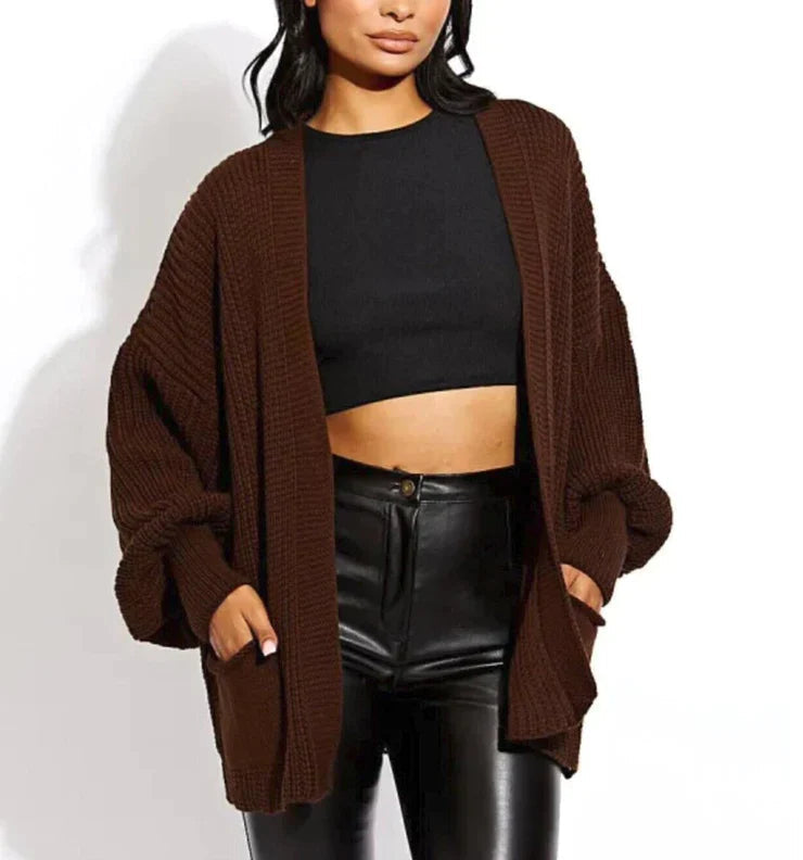 Chocolate Brown Knitted Short Balloon Sleeve Cardigan ( one size )