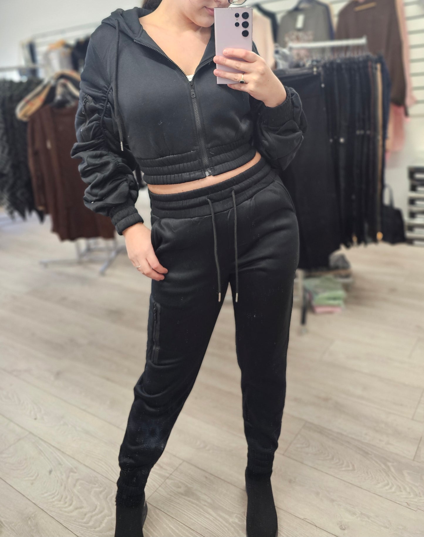 Black Ruched Arm Crop Jumper & Trouser Set (6-14)