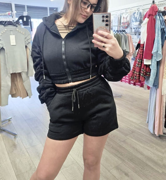Ladies Cropped Ruched Arm Jacket & High Waisted Shorts Black & Brown (S-M-L)