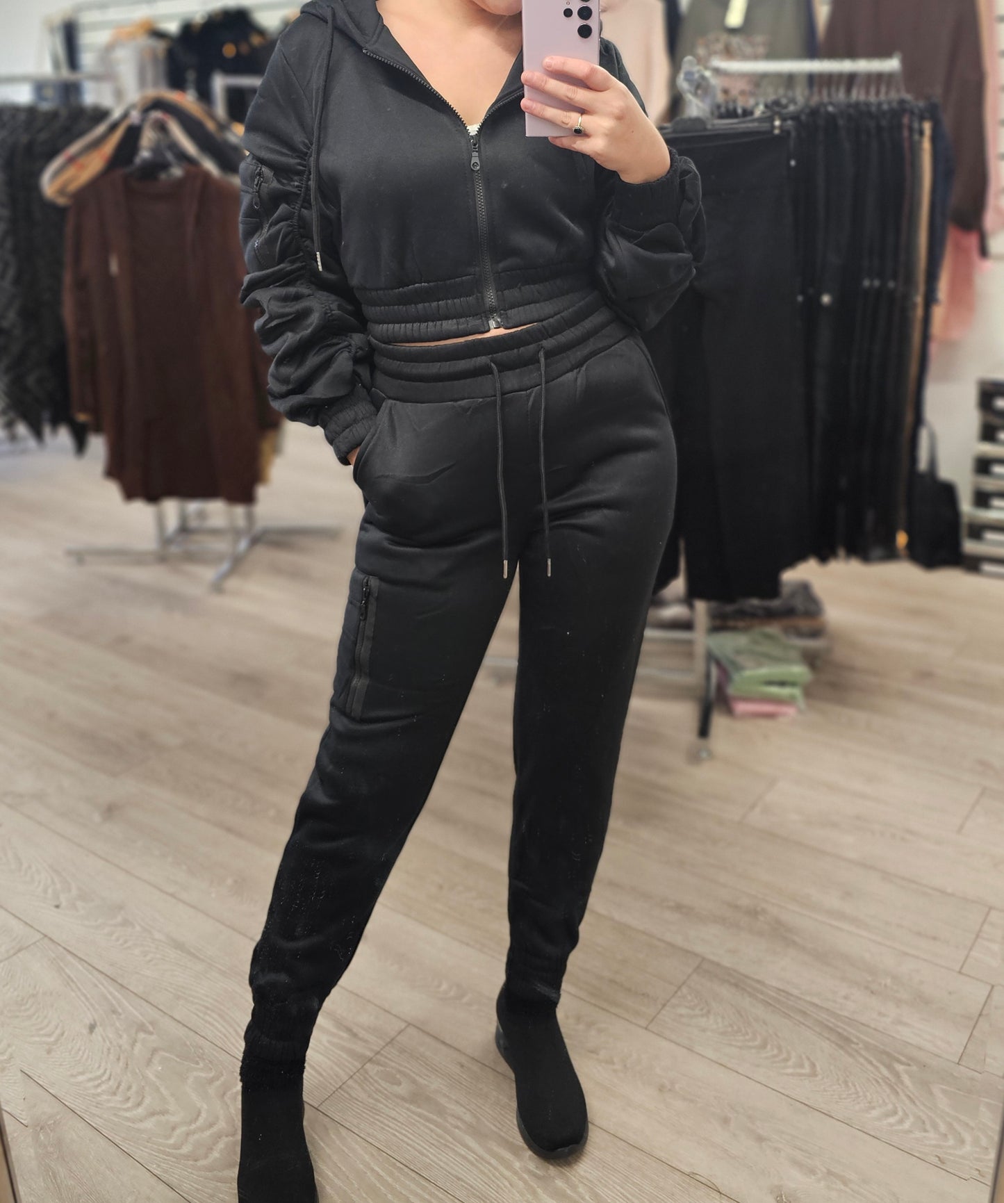 Black Ruched Arm Crop Jumper & Trouser Set (6-14)