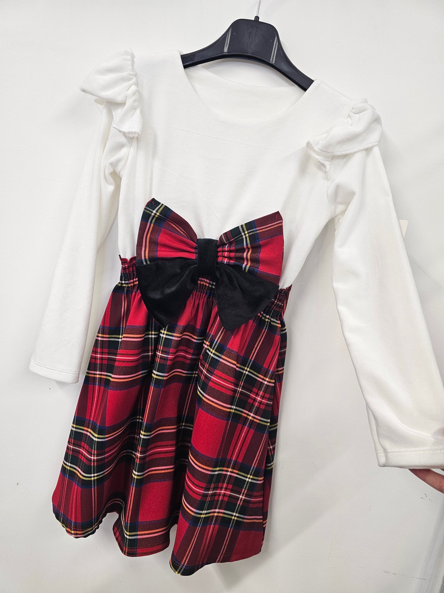 Girls White Tartan Bow Dress (4-14Yrs)