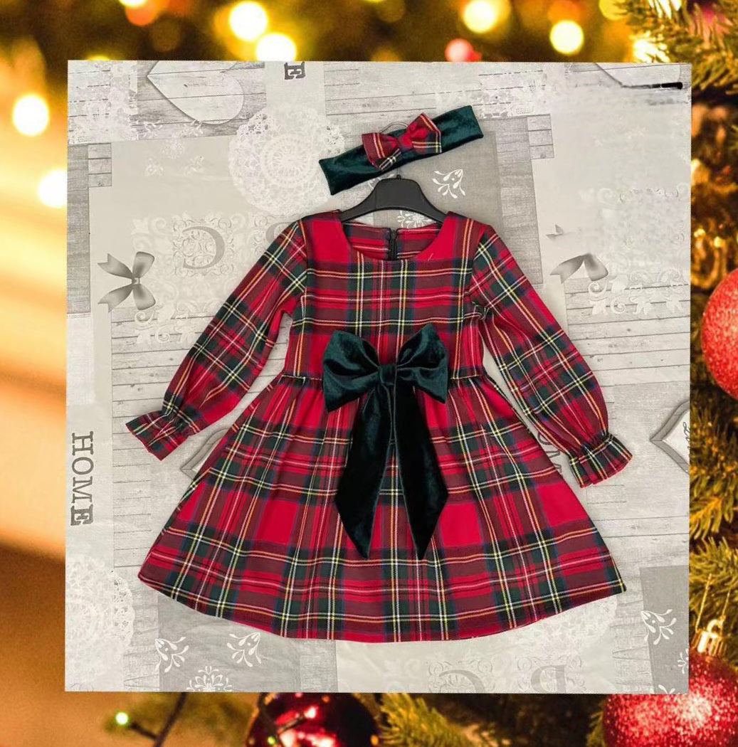 Girls Tartan Dress With Green Bow & Matching Headband (4yrs-12yrs)