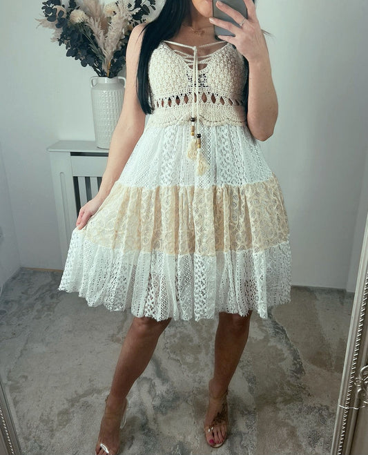 White & Beige Crochet Dress
